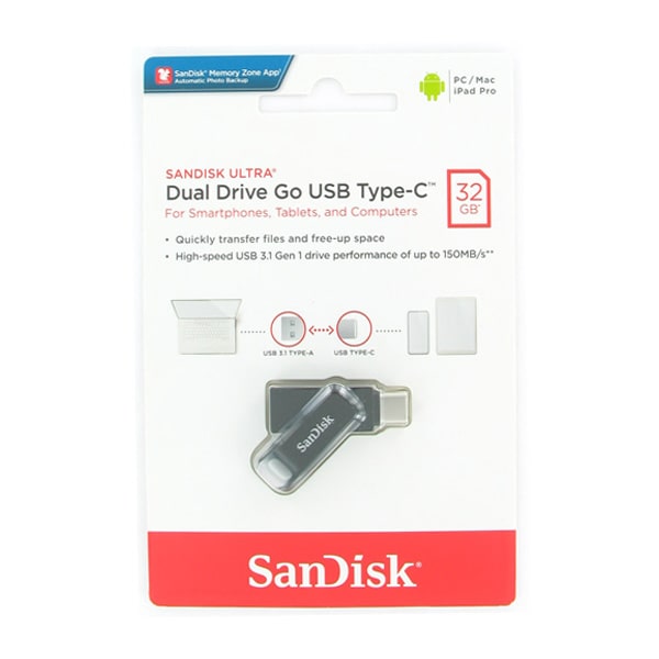 فلش سن دیسک Ultra USB 3.1 Dual Drive Go تایپ سی ظرفیت 32 گیگابایت