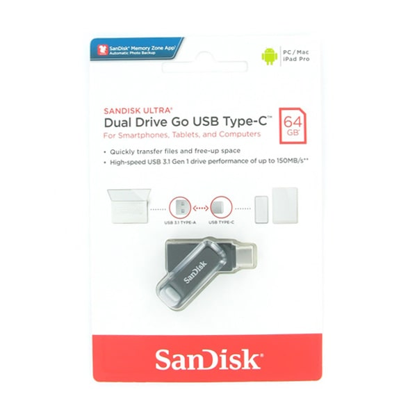 فلش سن دیسک Ultra USB 3.1 Dual Drive Go تایپ سی ظرفیت 64 گیگابایت